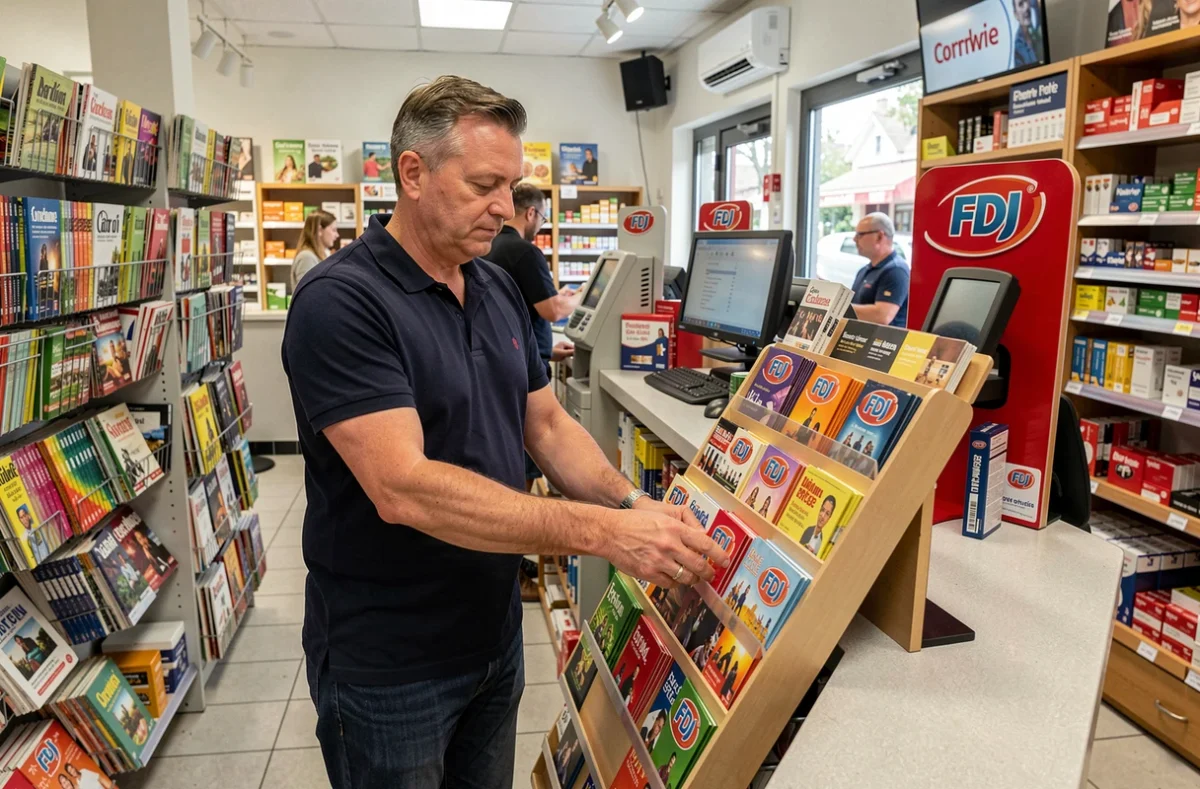 Gérant d'un point de vente FDJ dans un tabac-presse organisant les tickets de loterie