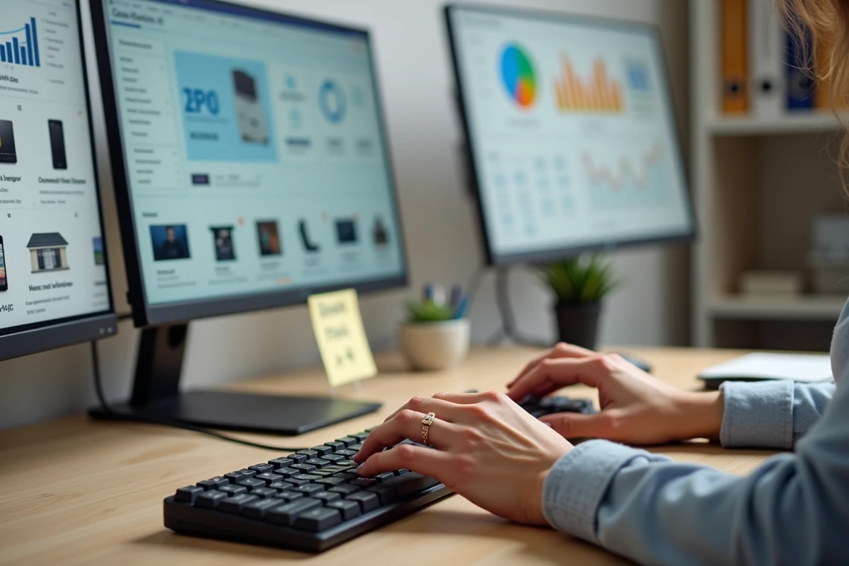 Mains d'une femme gérant un budget de campagne PPC sur un double écran dans un bureau à domicile dédié à l'e-commerce