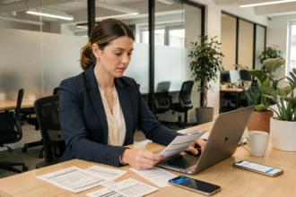 Consultante en portage salarial gérant ses notes de frais professionnelles sur ordinateur portable dans un espace de coworking moderne