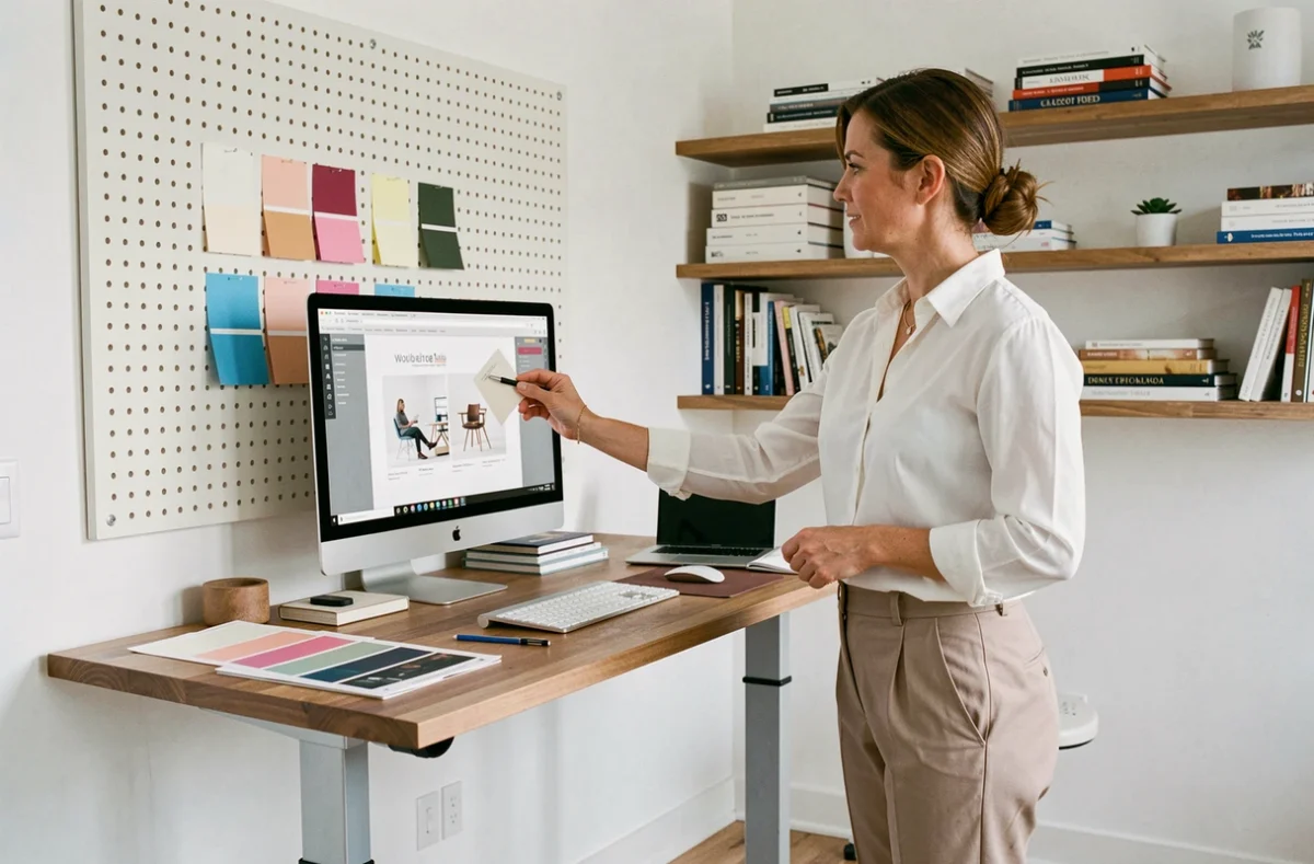 Graphiste indépendante en portage salarial dans son studio à domicile entouré d'outils de création