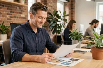 Graphiste masculin en portage salarial travaillant sereinement dans un espace de coworking moderne