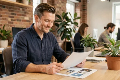 Graphiste masculin en portage salarial travaillant sereinement dans un espace de coworking moderne