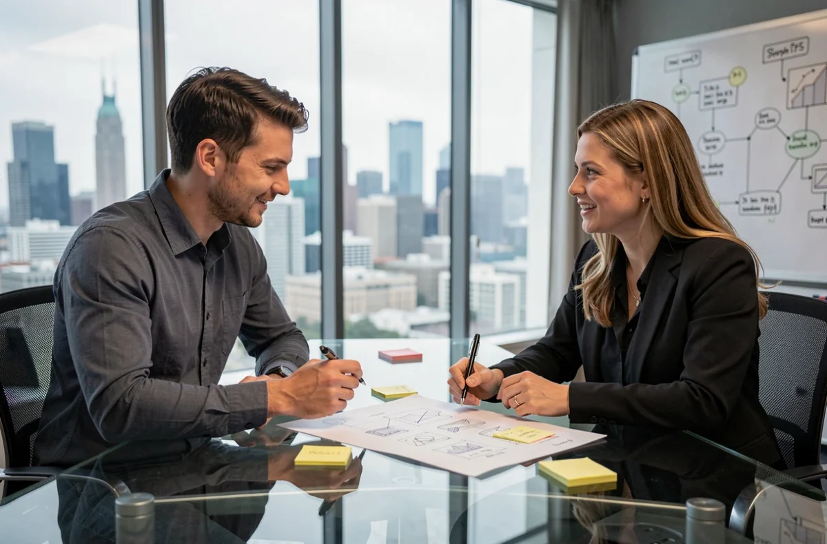 Graphiste en portage salarial lors d'une réunion client dans une agence moderne avec vue sur la ville
