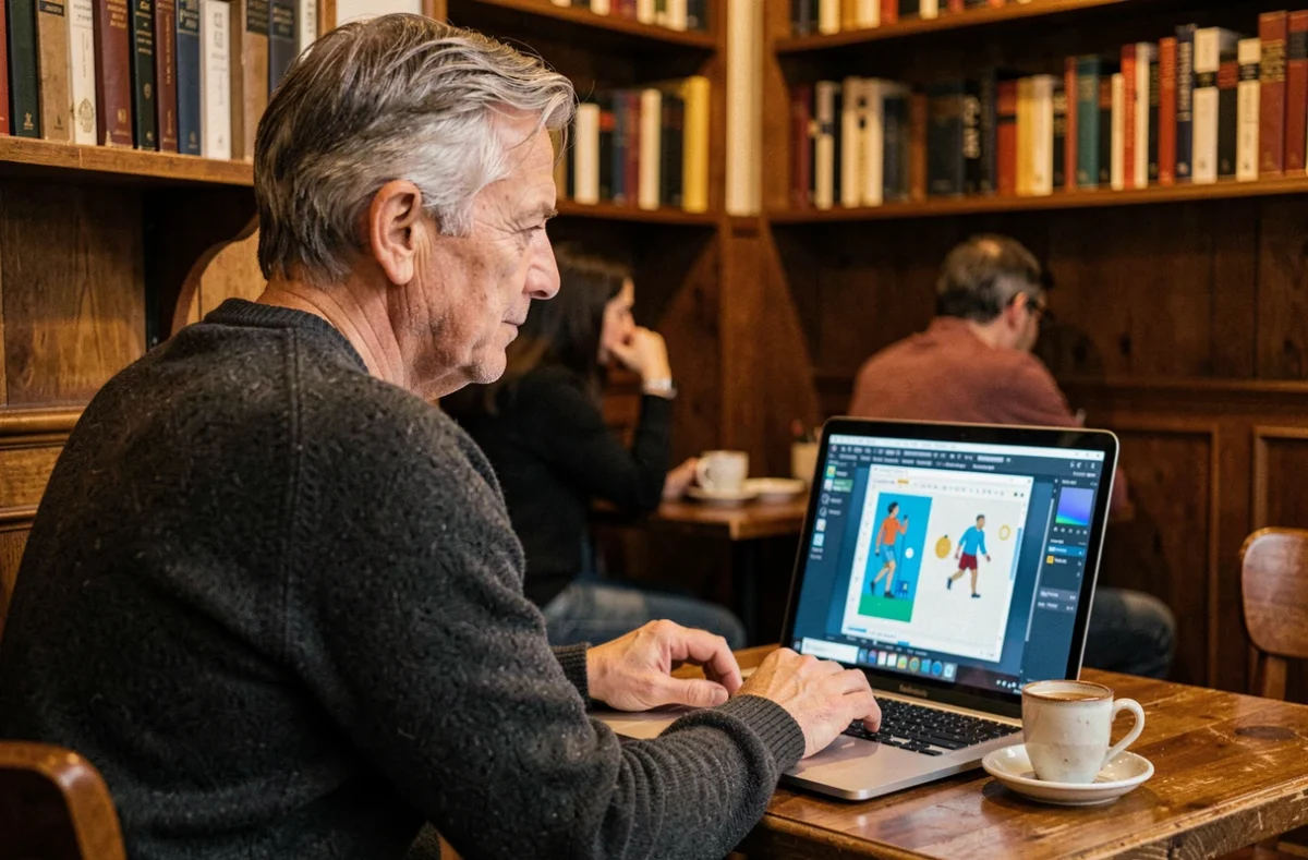 Graphiste senior travaillant en autonomie dans un café, illustrant la liberté du portage salarial