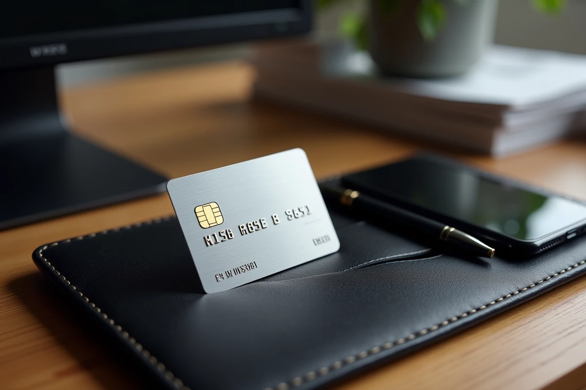 Gros plan d'une carte bancaire premium en métal posée sur un bureau en cuir avec accessoires professionnels