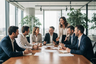 Groupe diversifié en brainstorming dans un bureau moderne