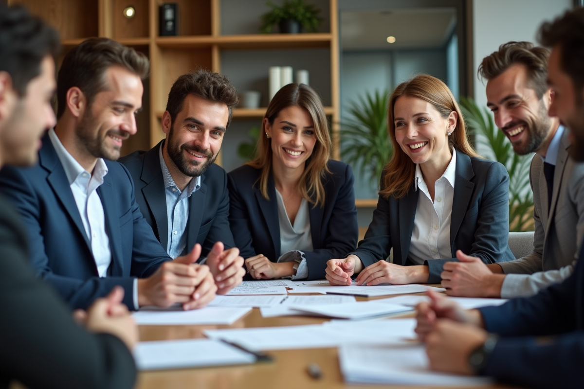 Groupe de salariés français en réunion au bureau