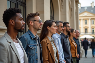 Groupe divers devant un palais de justice parisien