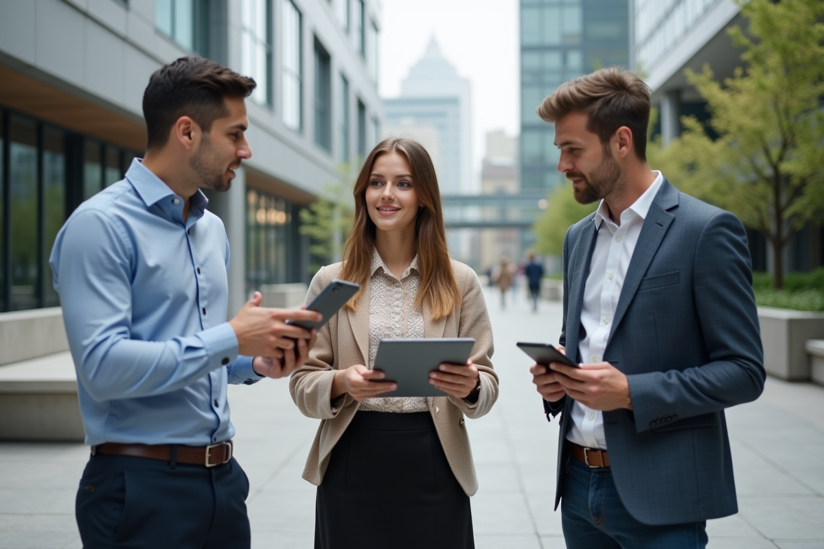 Groupe de jeunes professionnels discutant en extérieur
