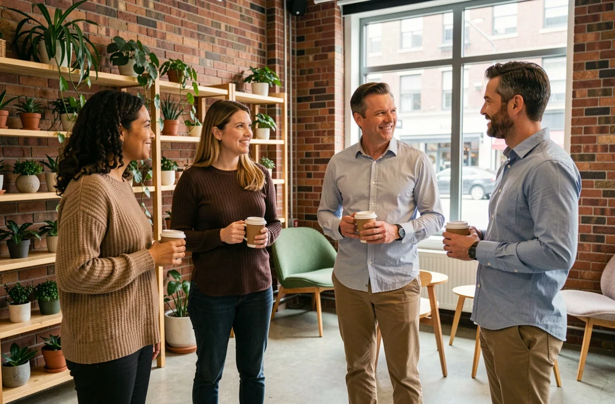 Groupe de professionnels en networking informel dans un espace de coworking lors d'un événement B2B