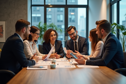 Groupe de professionnels en réunion dans un bureau moderne