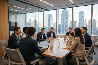 Groupe de professionnels en réunion dans un bureau moderne