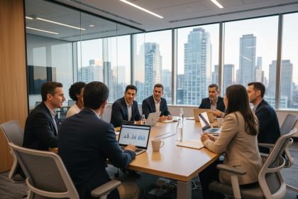 Groupe de professionnels en réunion dans un bureau moderne