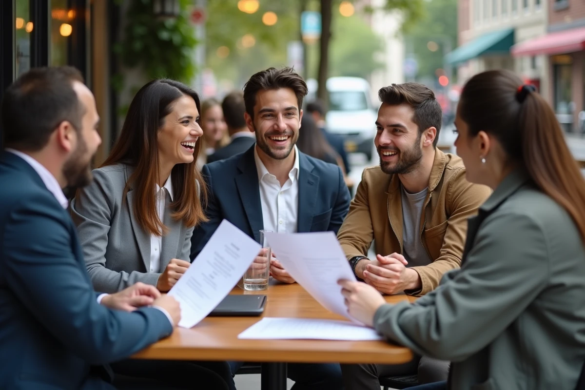 Groupe de jeunes professionnels discutant en extérieur