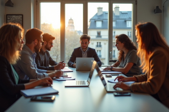 Groupe de jeunes professionnels collaborant dans un bureau parisien lumineux