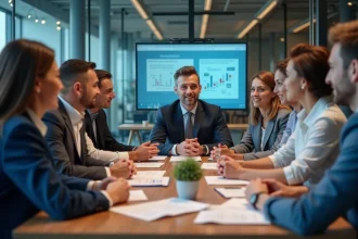 Groupe de professionnels en réunion dans un bureau moderne