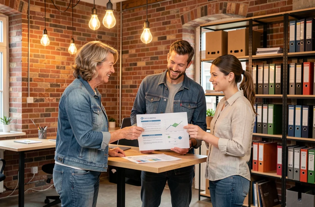 Équipe de la CAE29 Chrysalide collaborant autour d'une stratégie digitale dans un coworking à Quimper