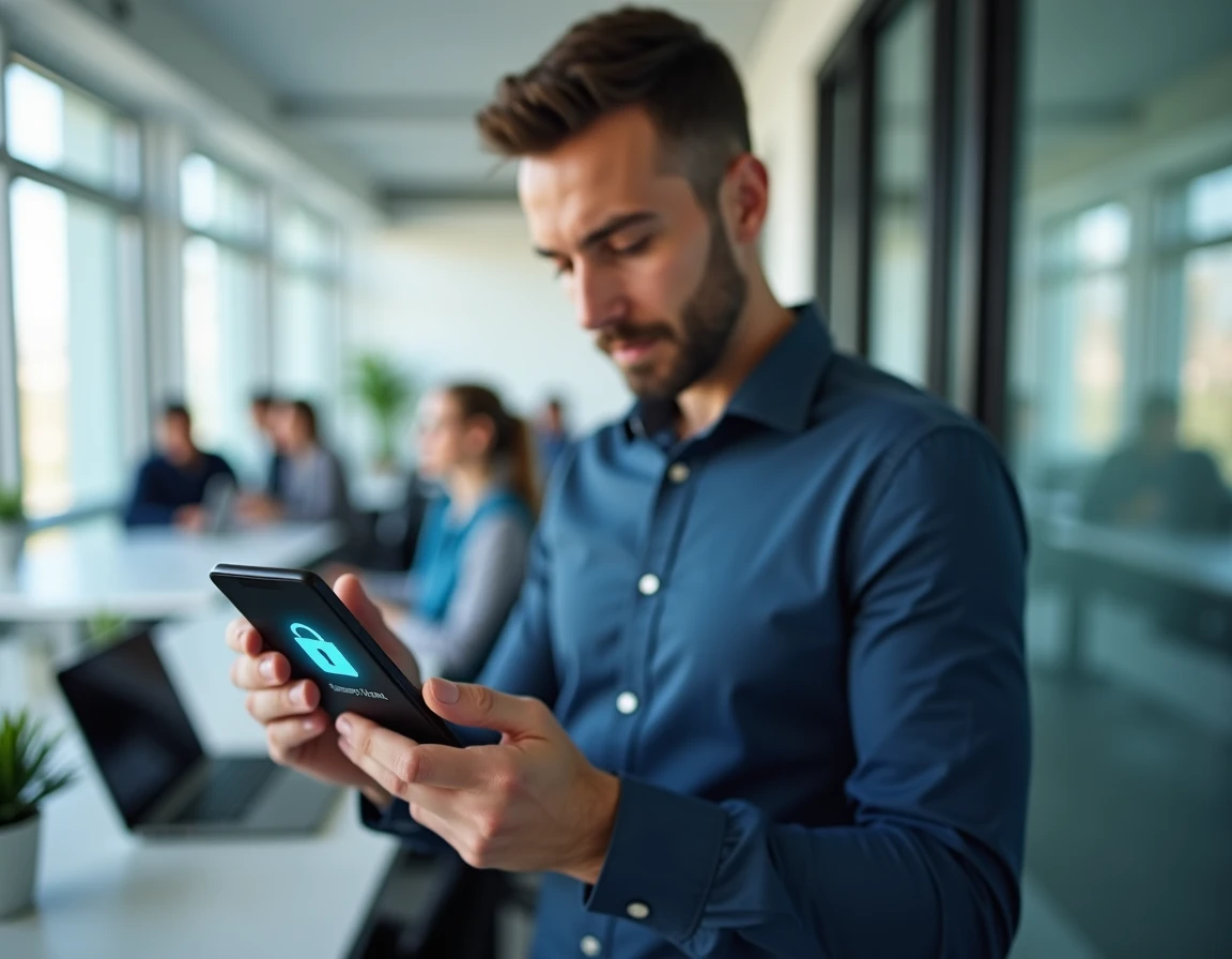 Homme accédant à ses fiches de paie archivées via une application de coffre numérique sur smartphone