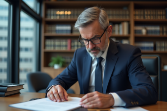 Homme d'affaires en costume examinant un contrat dans un bureau