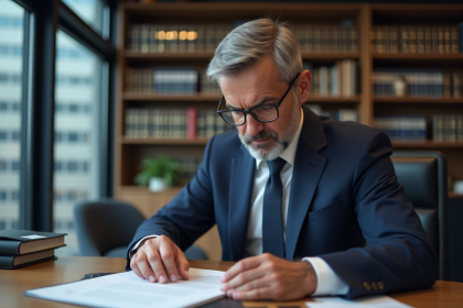 Homme d'affaires en costume examinant un contrat dans un bureau