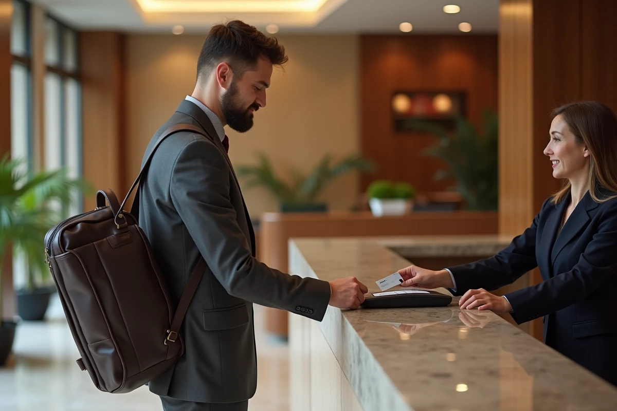 Homme d'affaires utilisant sa carte bancaire premium dans un hôtel cinq étoiles en déplacement professionnel
