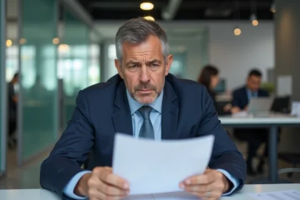 Homme d'affaires sceptique examinant un email au bureau