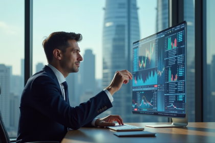 Homme d'affaires en costume regardant des graphiques financiers holographiques