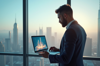 Homme d'affaires confiant dans un bureau moderne avec skyline futuriste