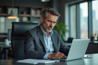 Homme d'affaires inquiet regardant son ordinateur dans un bureau