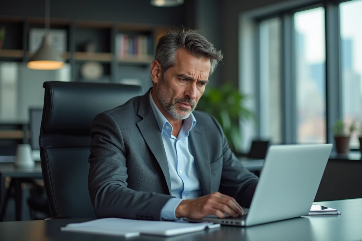Homme d'affaires inquiet regardant son ordinateur dans un bureau