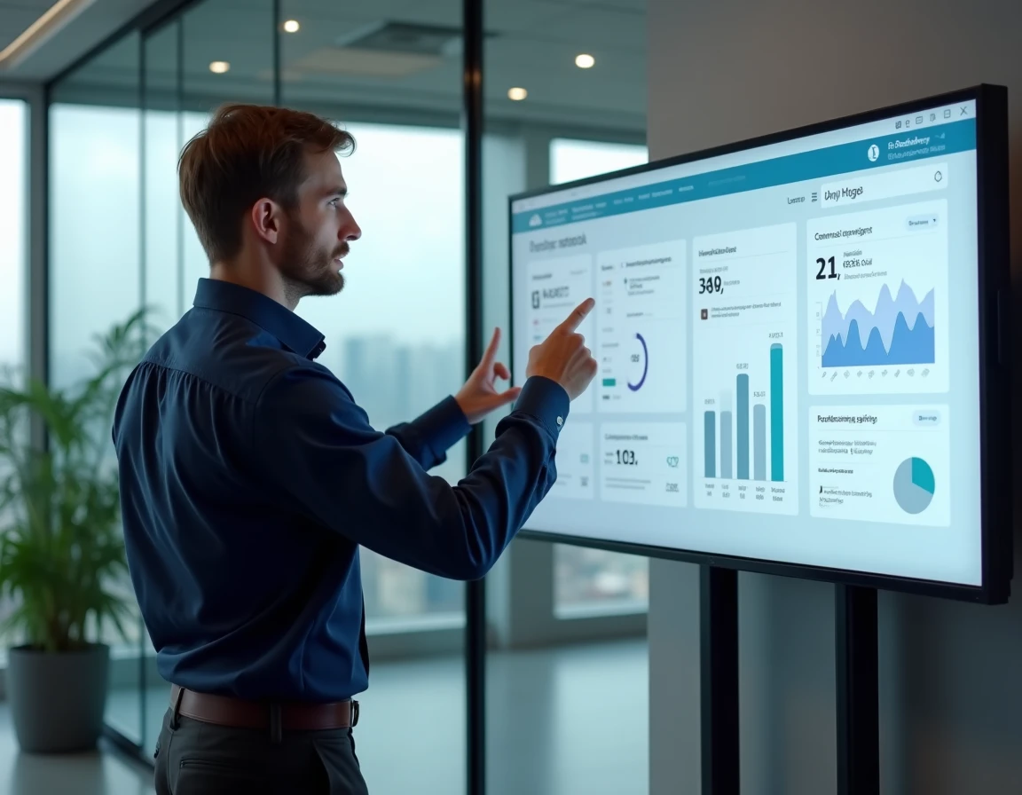 Homme d'affaires présentant l'interface de la plateforme Nexterprise sur un grand écran dans un bureau d'entreprise vitré
