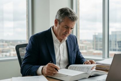 Homme d'affaires en costume bleu lit un journal juridique