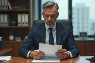 Homme d'affaires en costume lit un rapport sérieux