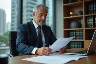 Homme d'affaires consultant des mentions légales et documents corporatifs dans un bureau exécutif moderne