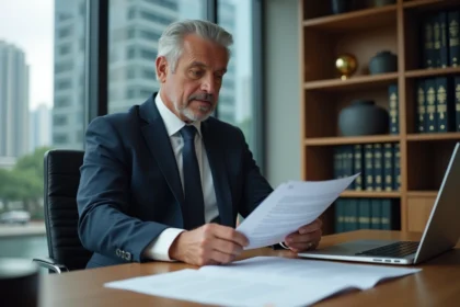 Homme d'affaires consultant des mentions légales et documents corporatifs dans un bureau exécutif moderne