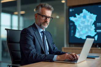 Homme d'affaires français en costume bleu utilisant un ordinateur dans un bureau moderne