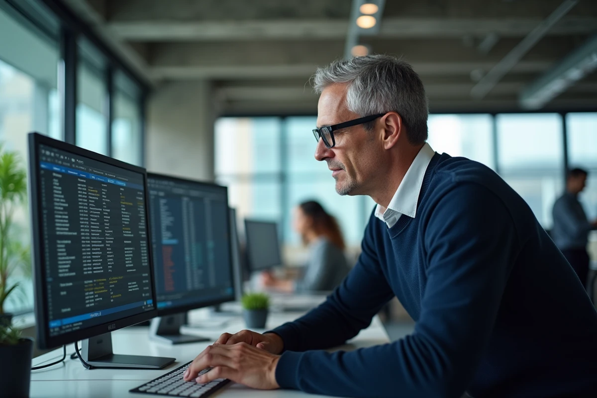 Homme en bureau open-space analysant des formules de taux horaire sur un double écran d'ordinateur