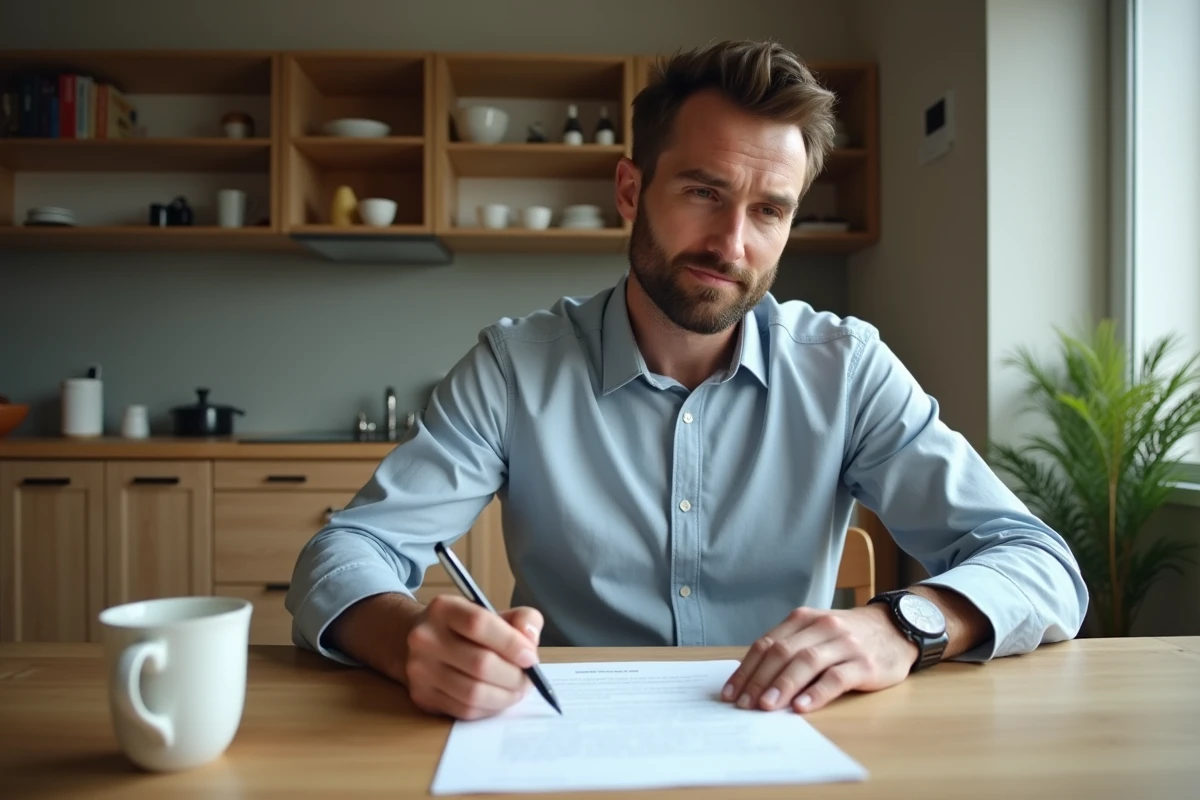 Homme relisant et annotant une lettre de rupture conventionnelle chez lui à la maison