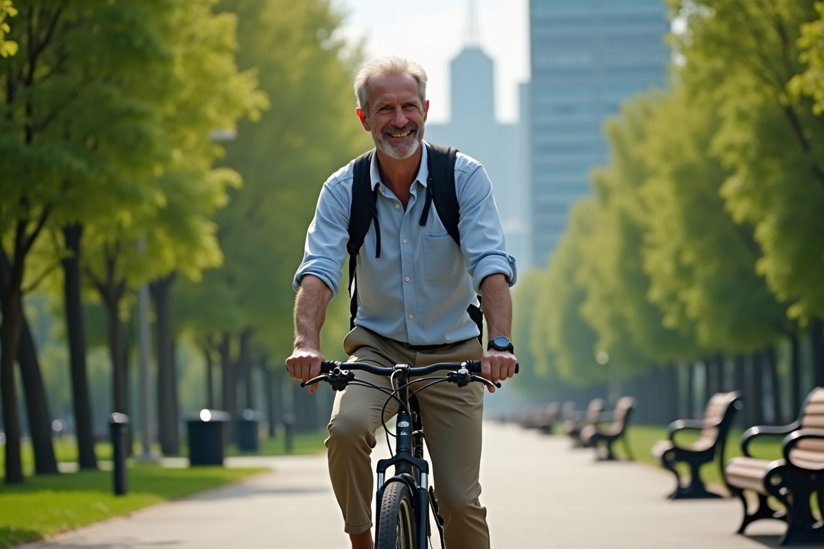 Homme à vélo dans un parc urbain le matin