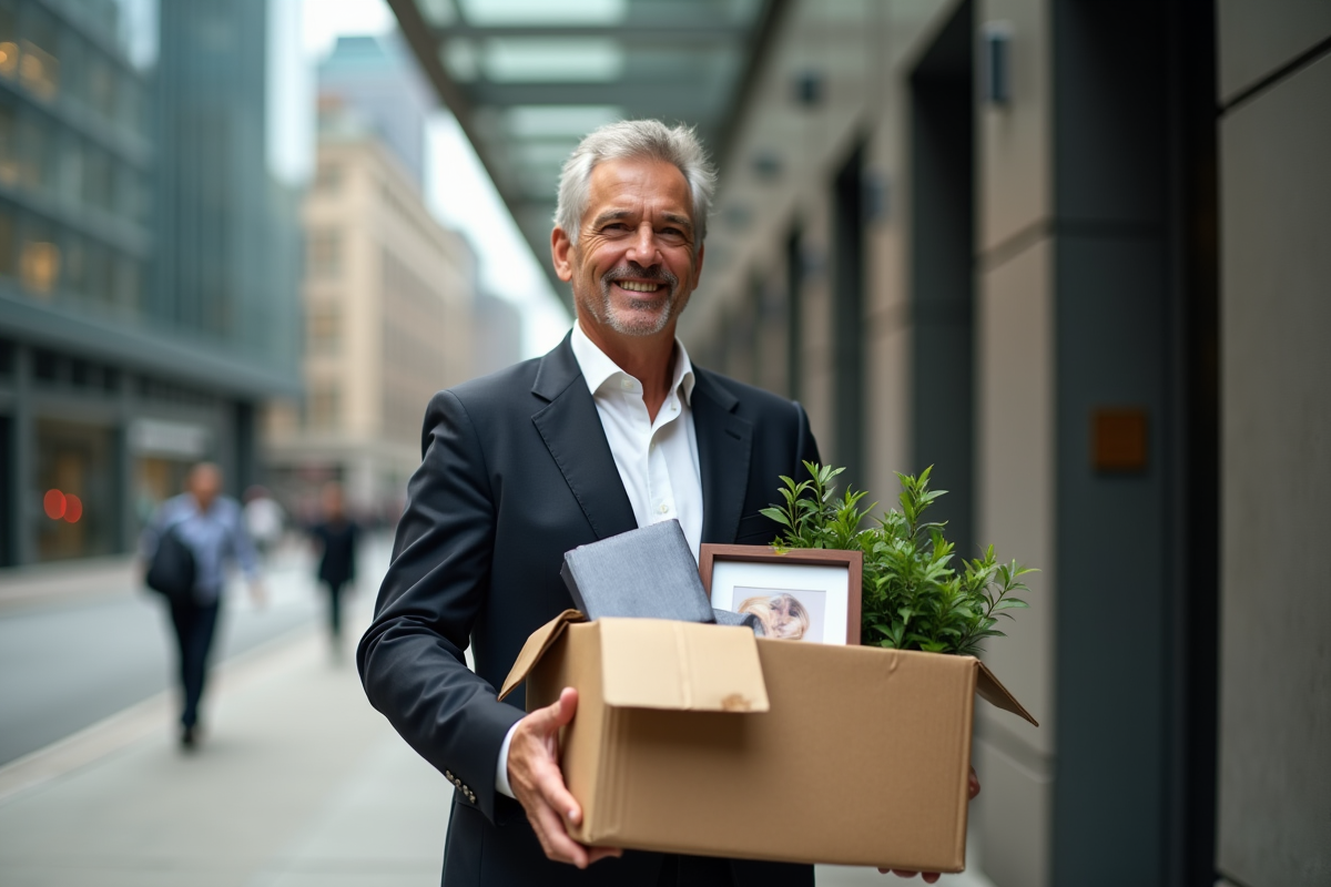 Homme en costume quittant un bureau urbain avec une boîte
