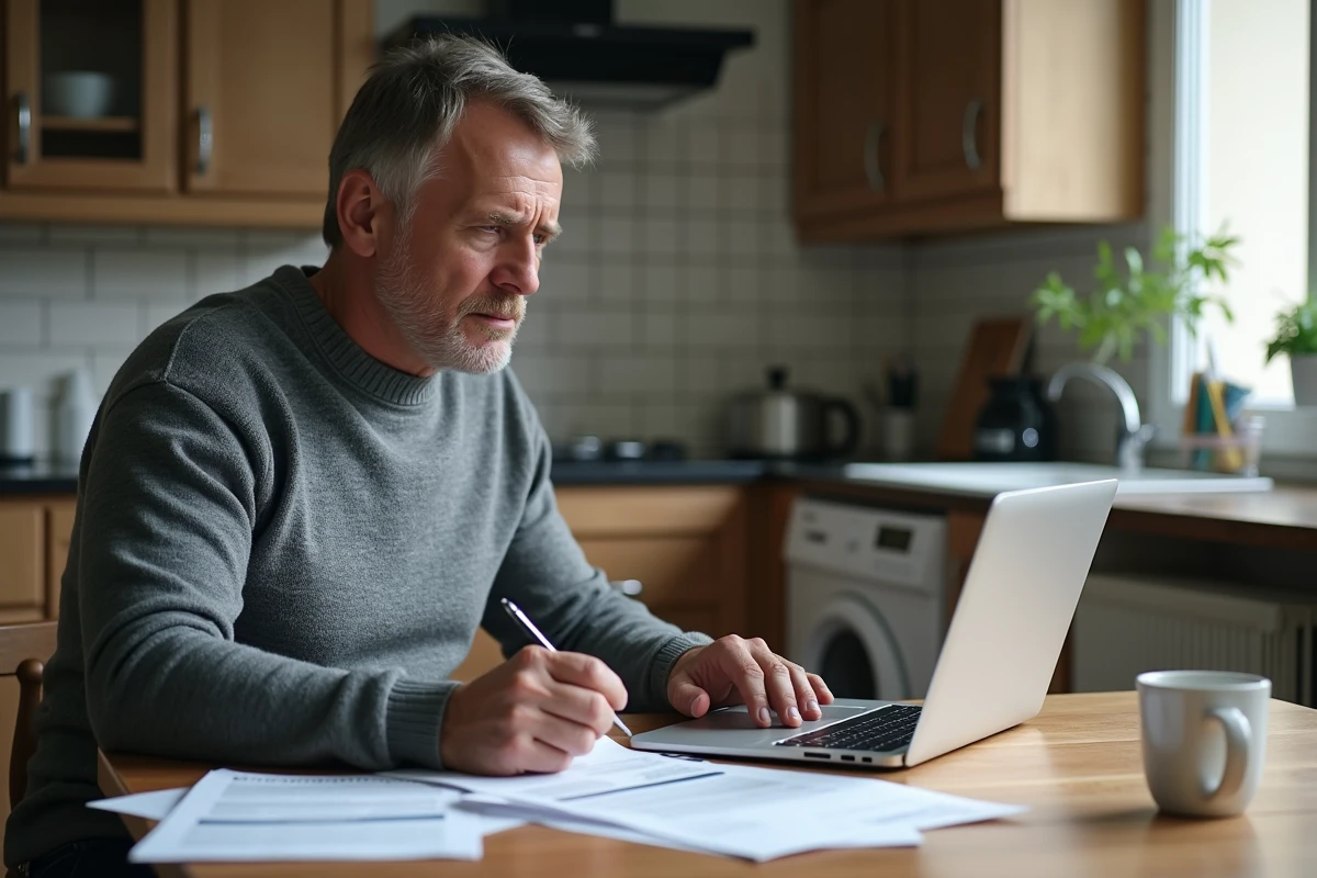 Homme à la retraite anticipée consultant des documents Pôle Emploi à domicile pour comprendre ses droits au chômage en 2026