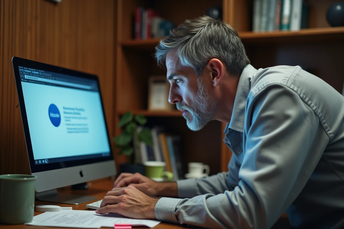 Homme concentré face à un message d'erreur de connexion sur un écran d'ordinateur de bureau dans un bureau privé