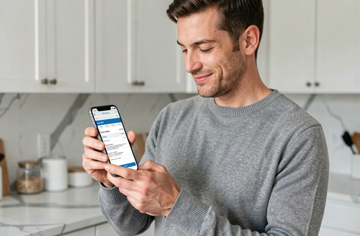 Homme consultant ses fiches de paie depuis son smartphone via un portail extranet de services aux particuliers