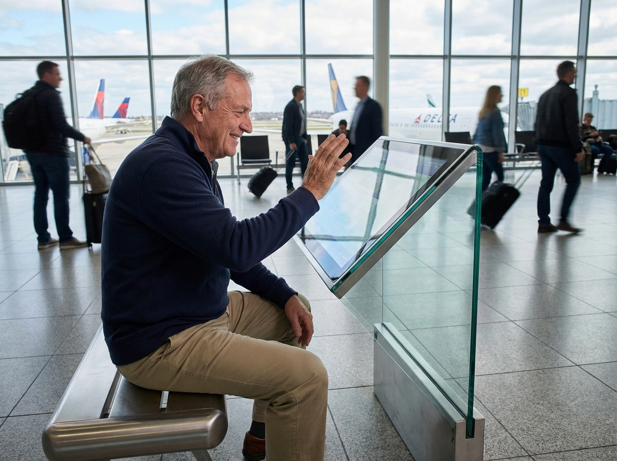 Homme âgé utilisant un kiosque multimédia dans un terminal aéroport