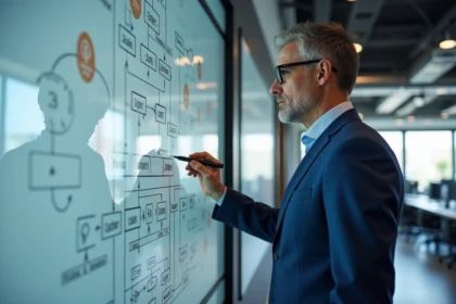 Homme d'affaires en costume bleu analysant un tableau de processus