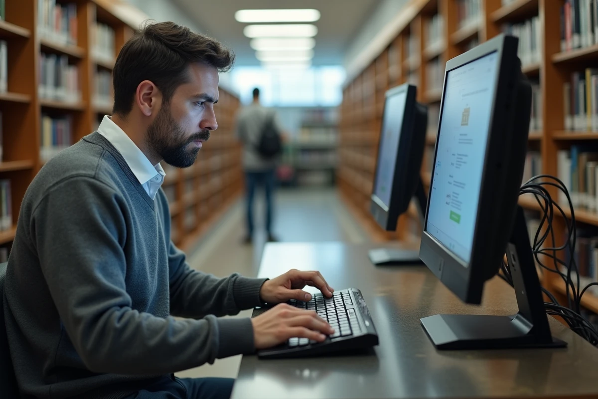 Homme d age moyen utilisant un ordinateur dans une bibliothèque
