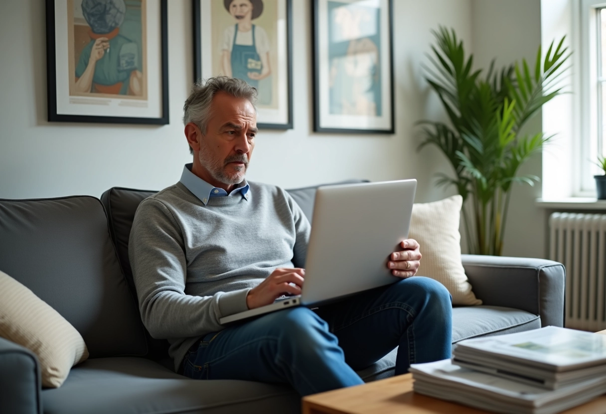 Homme d age moyen lisant magazines dans son salon