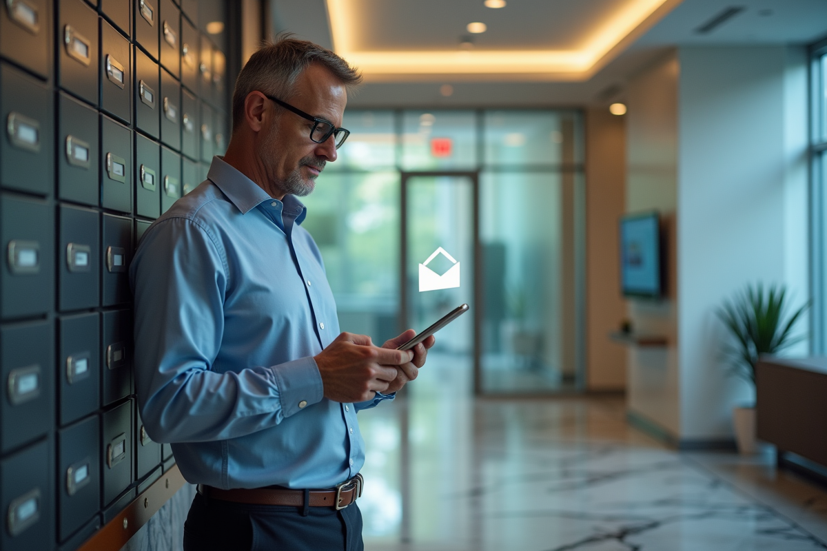 Homme vérifiant sa messagerie dans un lobby d