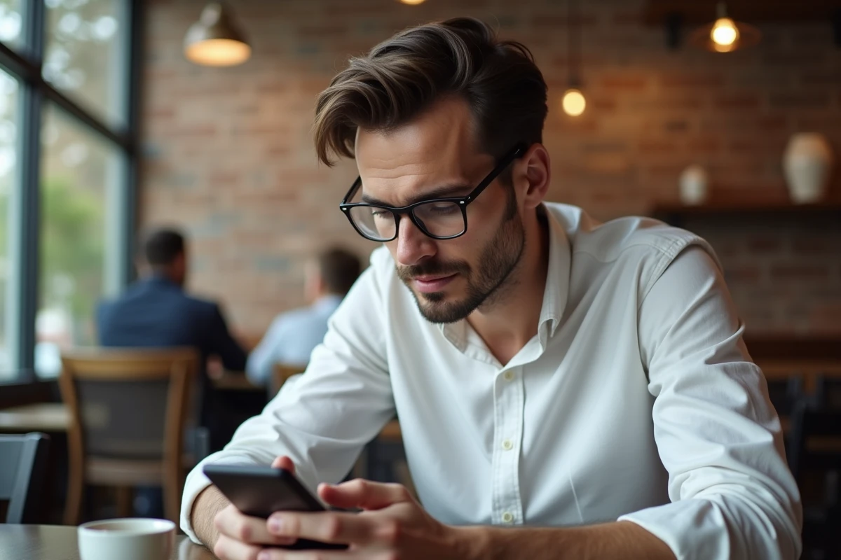 Jeune homme mettant à jour son profil professionnel sur smartphone dans un café urbain