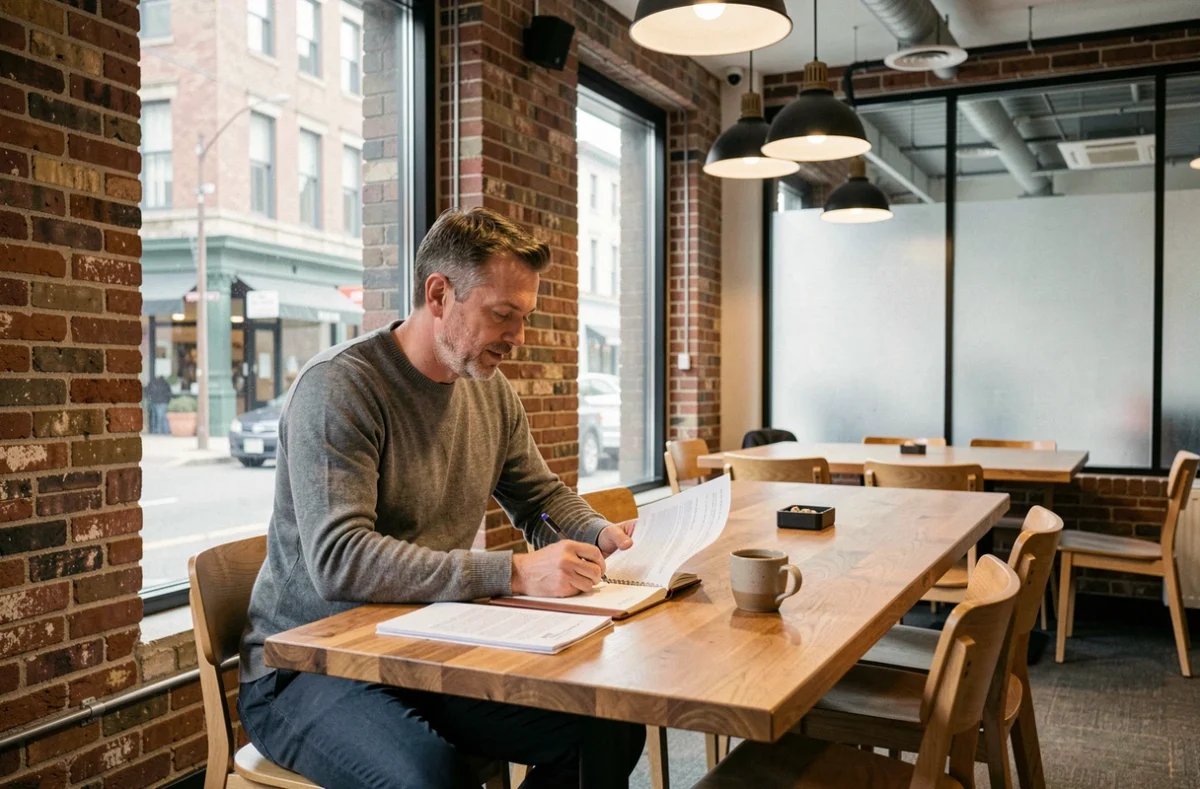 Homme d'affaires prenant des notes dans un espace de coworking aménagé dans un hôtel boutique